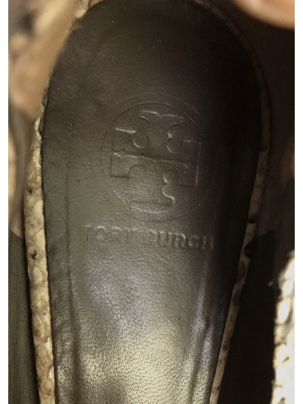 Tory Burch Minnie Travel Flats Snake Print Leather Gold Logo Size 8 - 8.5 EUC